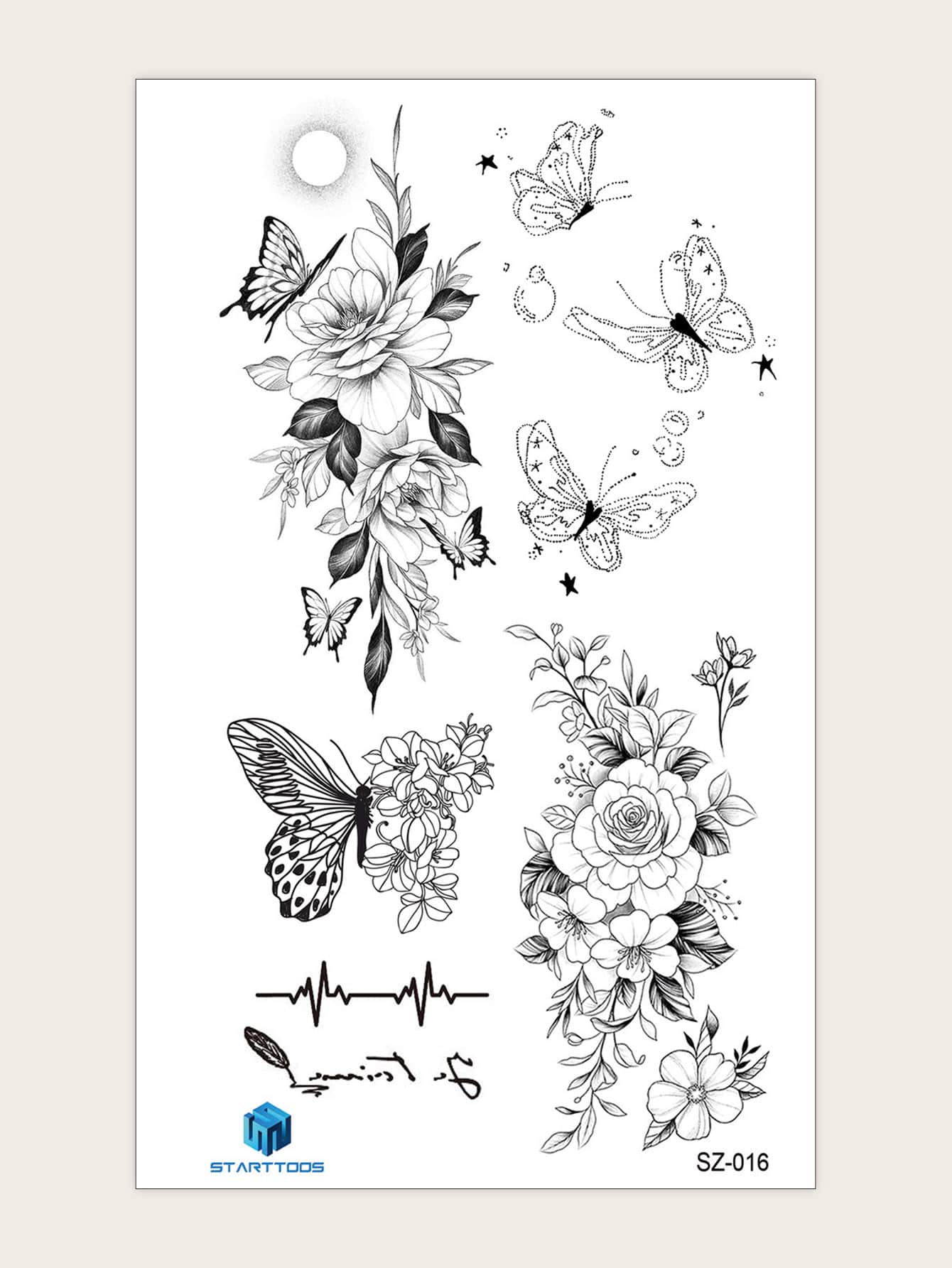 防水紋身貼紙，1 張女士花卉和蝴蝶圖案臨時紋身，動物紋身貼紙成人，看起來真實假紋身，適合女士和女孩 - 黑色 - 查看 1