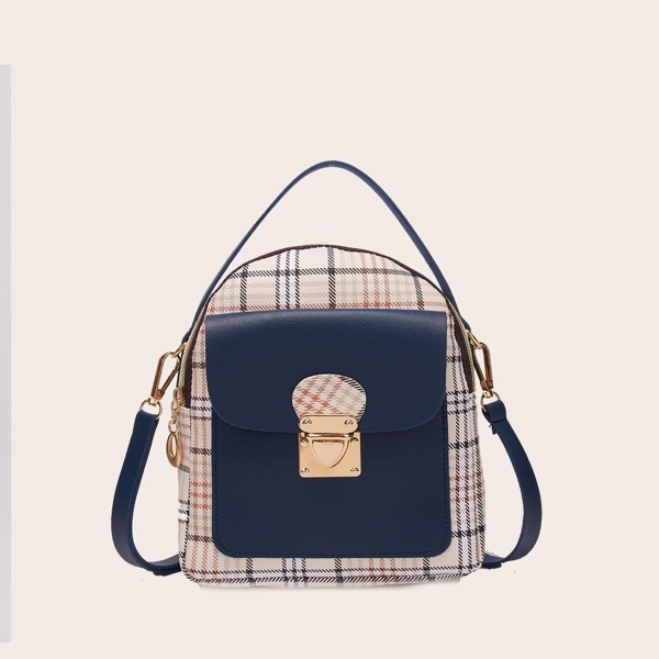 

Tartan Push Lock Backpack, Navy blue