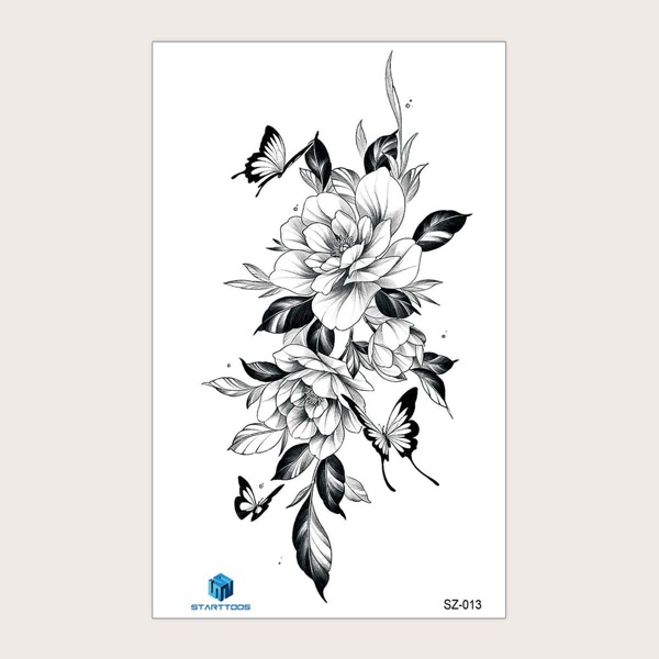 

1sheet Flower & Butterfly Pattern Tattoo Sticker, Black and white