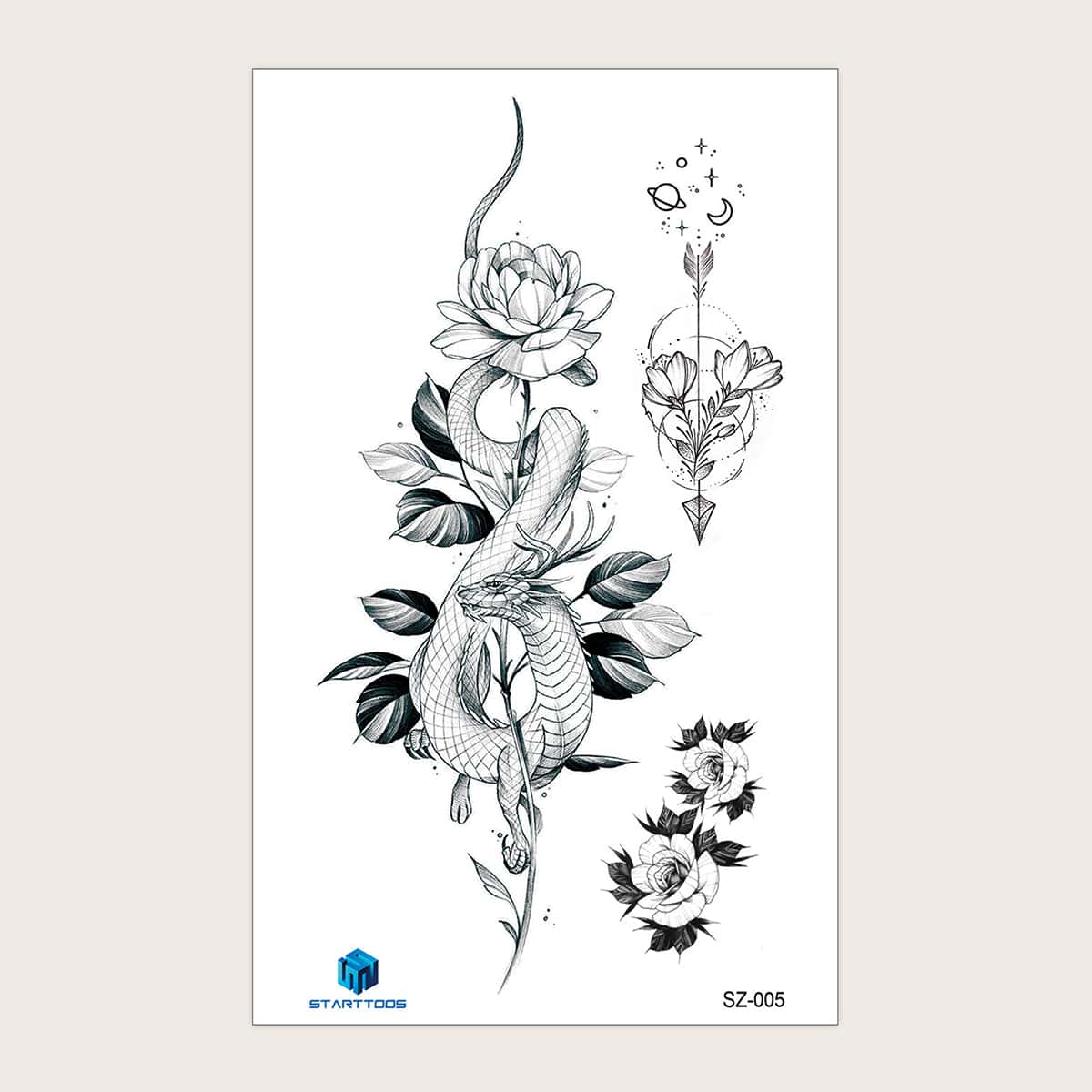 

1sheet Flower & Chinese Dragon Pattern Tattoo Sticker, Black