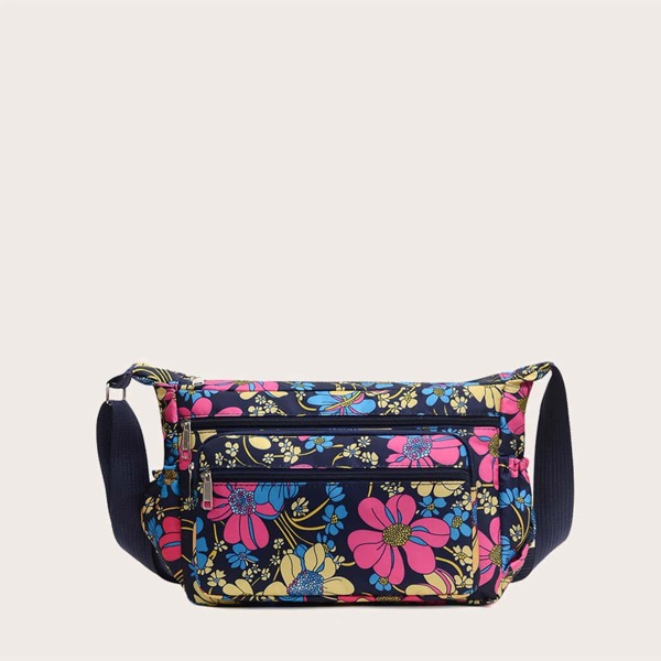 

Floral Graphic Double Zip Front Crossbody Bag, Multicolor