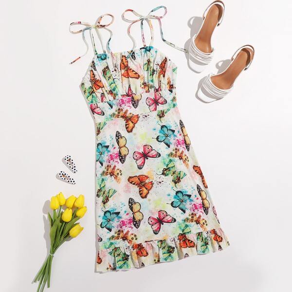 

Knot Shoulder Ruched Bust Butterfly Print Dress, Multicolor