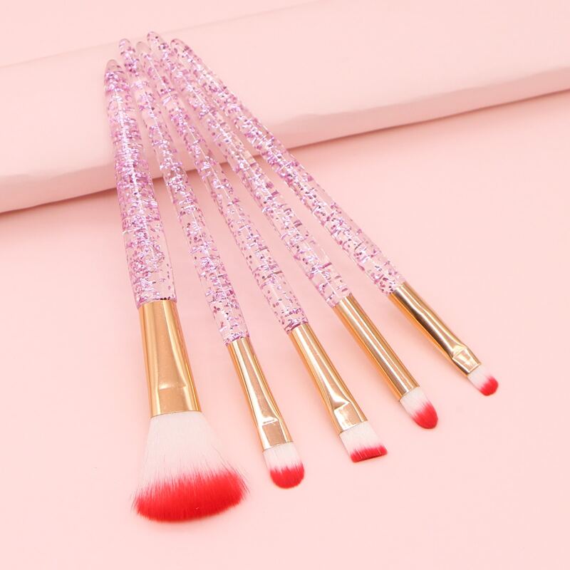 

5pcs Glitter Handle Makeup Brush Set & 1pc Storage Bag, Pink
