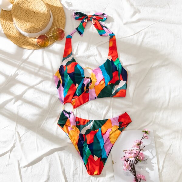 

Colorblock Ring Linked One Piece Swimsuit, Multicolor
