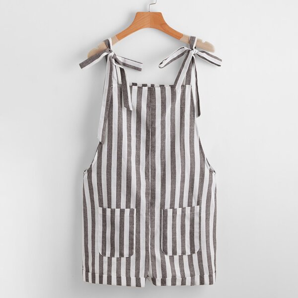 

Tie Shoulder Pocket Patched Two Tone Striped Cuffed Romper, Multicolor