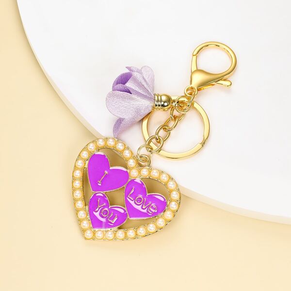 

Faux Pearl Heart Pendant Keychain, Purple