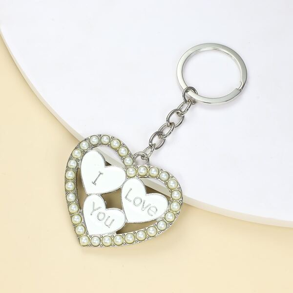 

Faux Pearl Heart Pendant Keychain, White