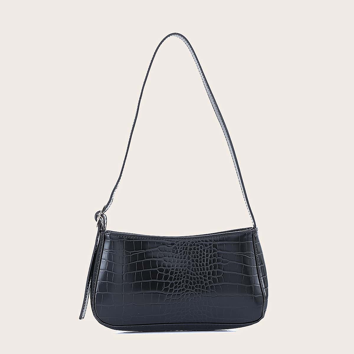 

Croc Embossed Baguette Bag, Black