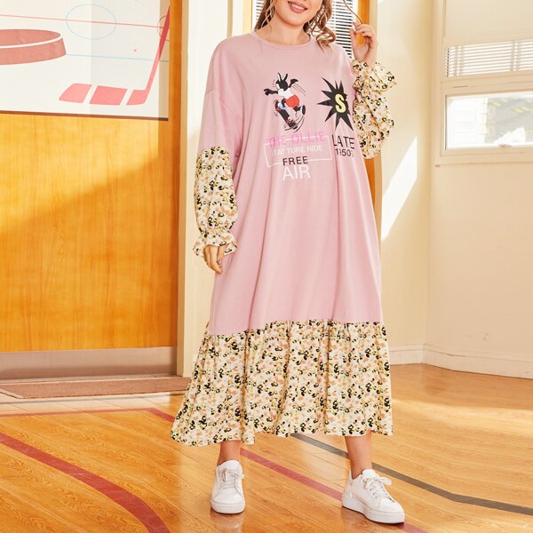 

Plus Ditsy Floral Cuff and Hem Cartoon Graphic Dress, Multicolor