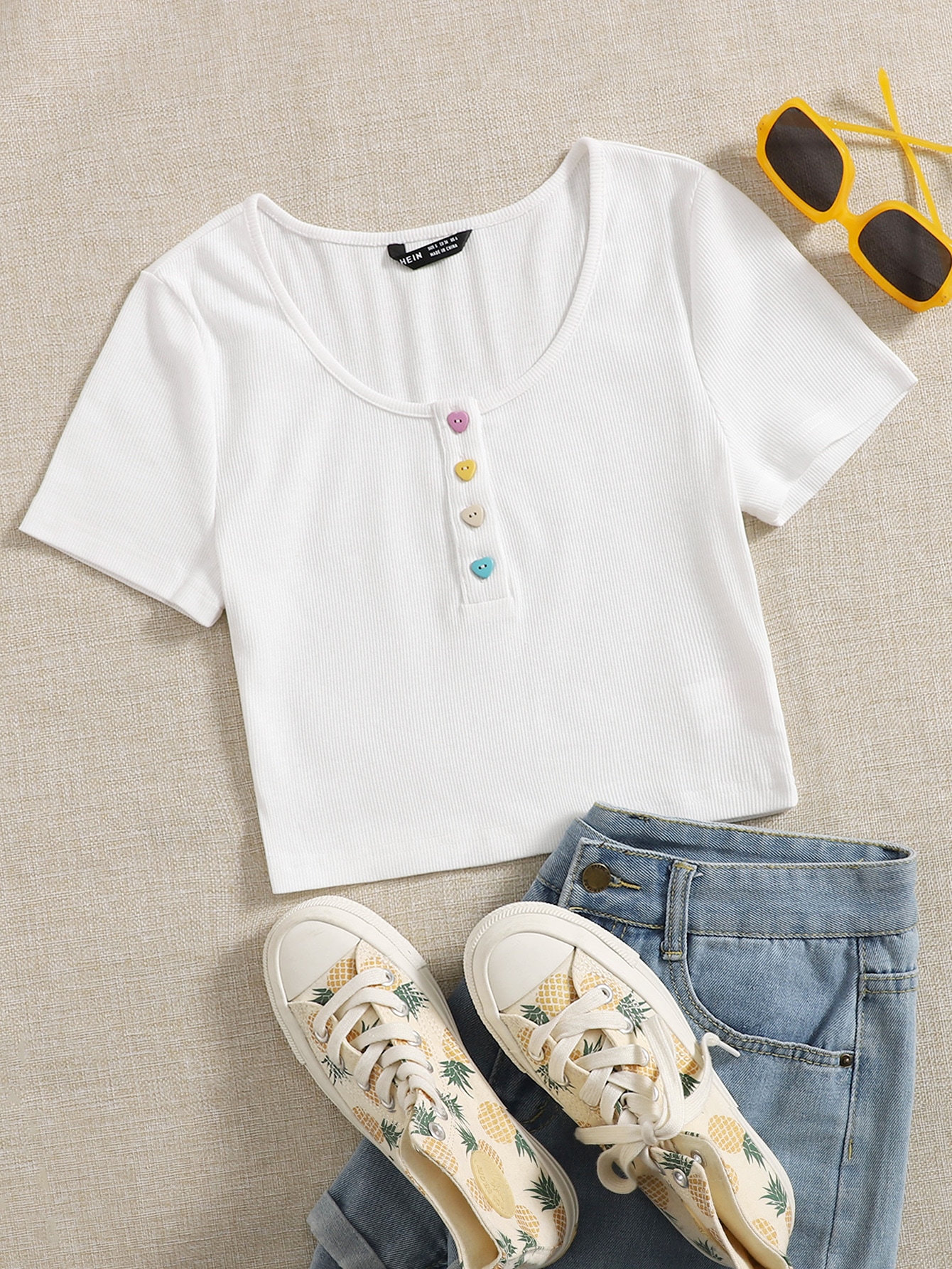 Button Half Placket Rib-knit Crop Tee thumbnail
