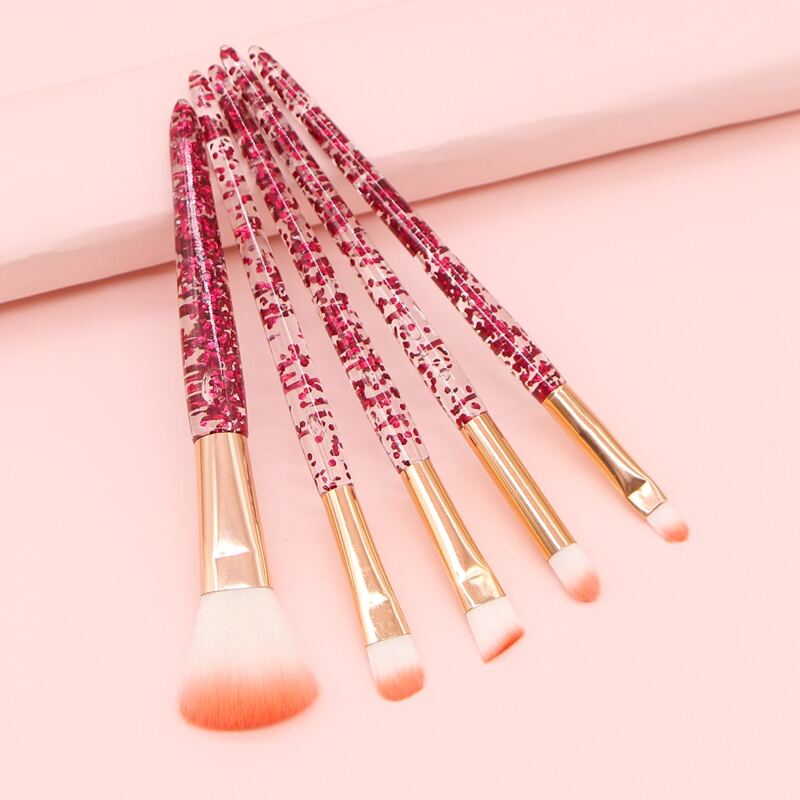 

5pcs Glitter Handle Makeup Brush Set & 1pc Storage Bag, Red