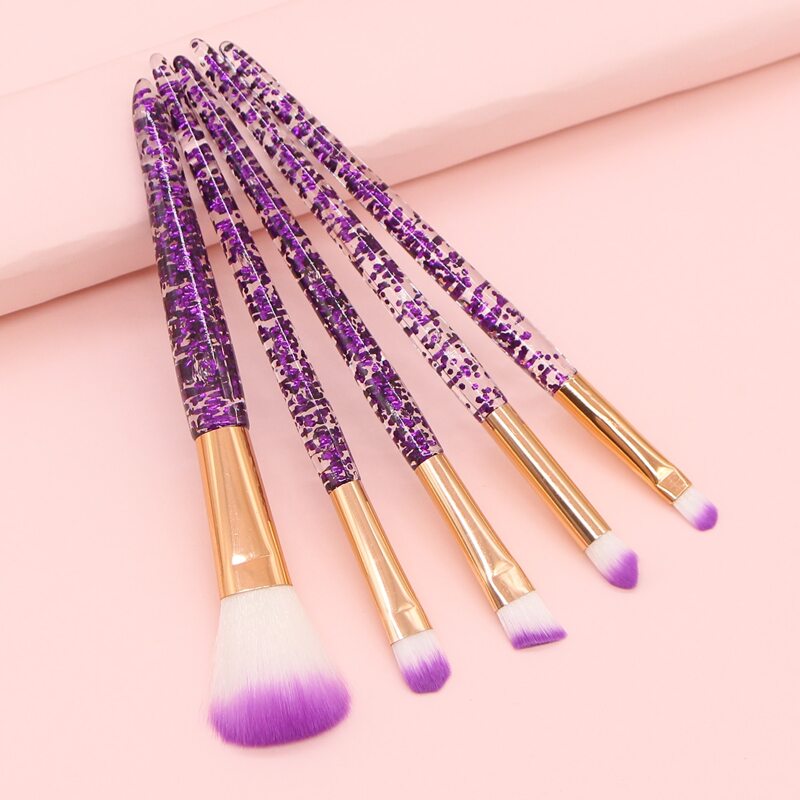 

5pcs Glitter Handle Makeup Brush Set & 1pc Storage Bag, Purple