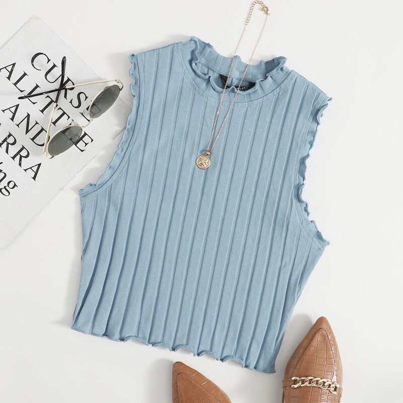 

Lettuce Trim Rib-knit Tank Top, Dusty blue