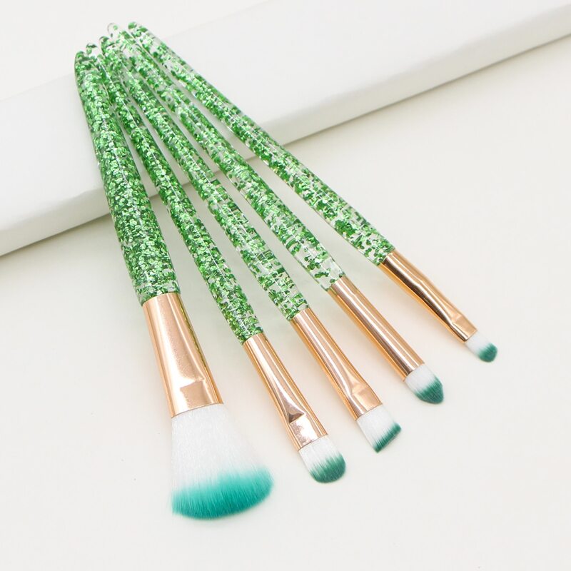 

5pcs Glitter Handle Makeup Brush Set & 1pc Storage Bag, Green
