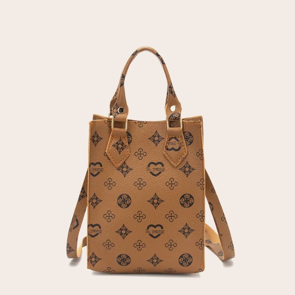 

Geometric Graphic Satchel Bag, Brown