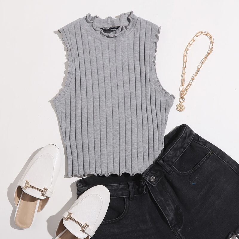 

Lettuce Trim Rib-knit Tank Top, Grey