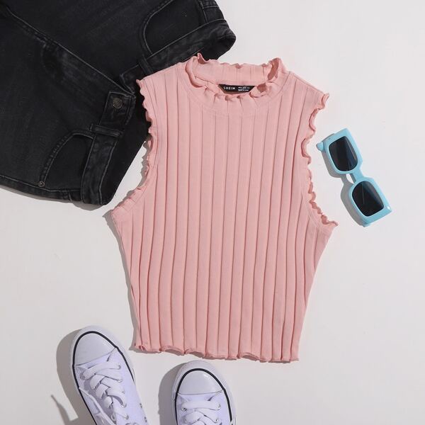

Lettuce Trim Rib-knit Tank Top, Coral pink