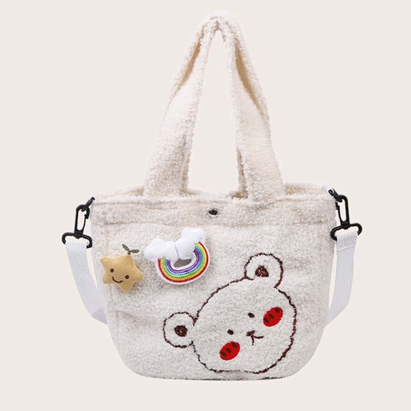 

Cartoon Embroidered Tote Bag, Beige