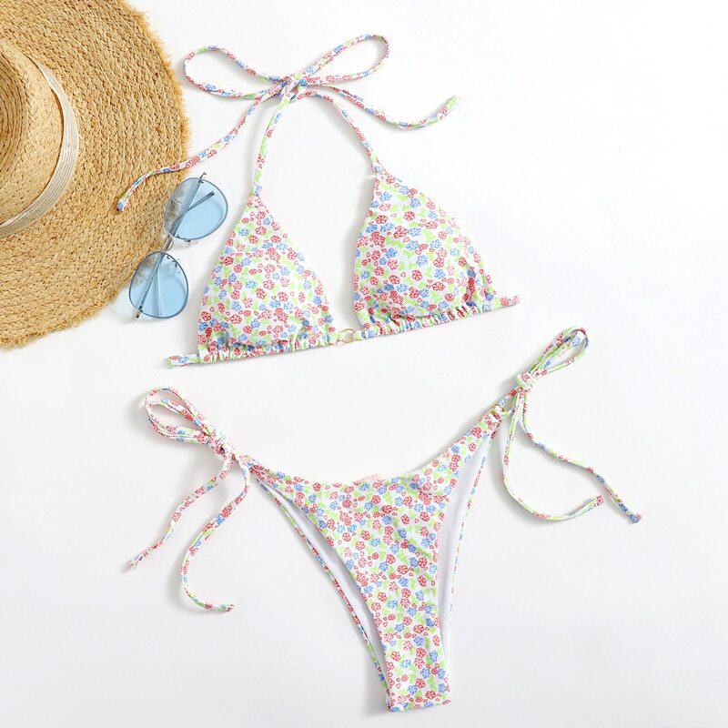 

Ditsy Flower Triangle Tie Side Bikini Swimsuit, Multicolor