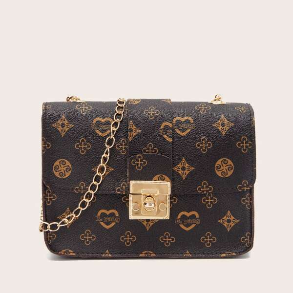 

Geometric Graphic Twist Lock Chain Bag, Brown