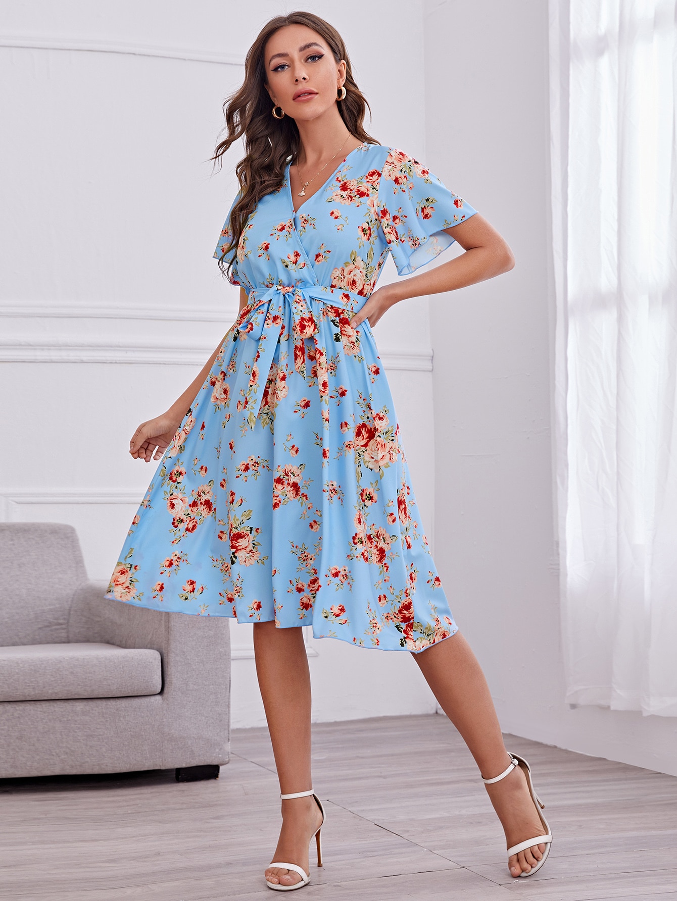 Surplice Neck Flutter Sleeve Self Belted Dress thumbnail