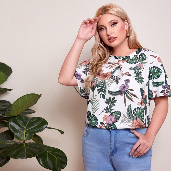 

Plus Tie Back Tropical Print Top, Multicolor