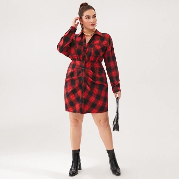 

Plus Patch Pocket Ruched Plaid Shirt Dress, Multicolor