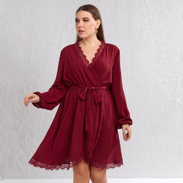 

Plus Lace Trim Belted Wrap Dress, Burgundy