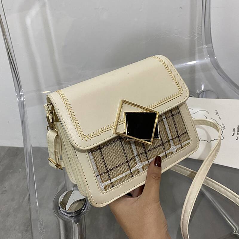 

Geo Buckle Plaid Crossbody Bag, Beige