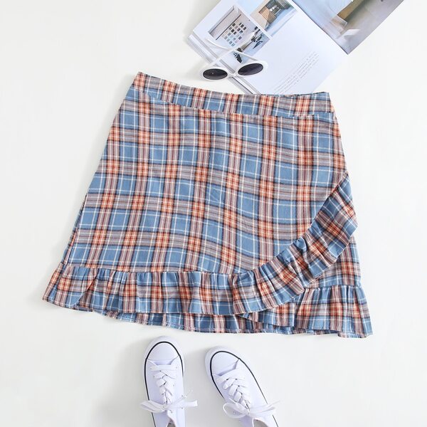 

Plus Tartan Ruffle Hem Skirt, Multicolor
