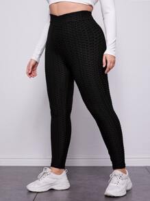 SHEIN Plus High Waist Honeycomb Textured Leggings - Black - View 1