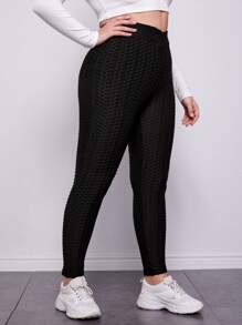 SHEIN Plus High Waist Honeycomb Textured Leggings - Black - View 4