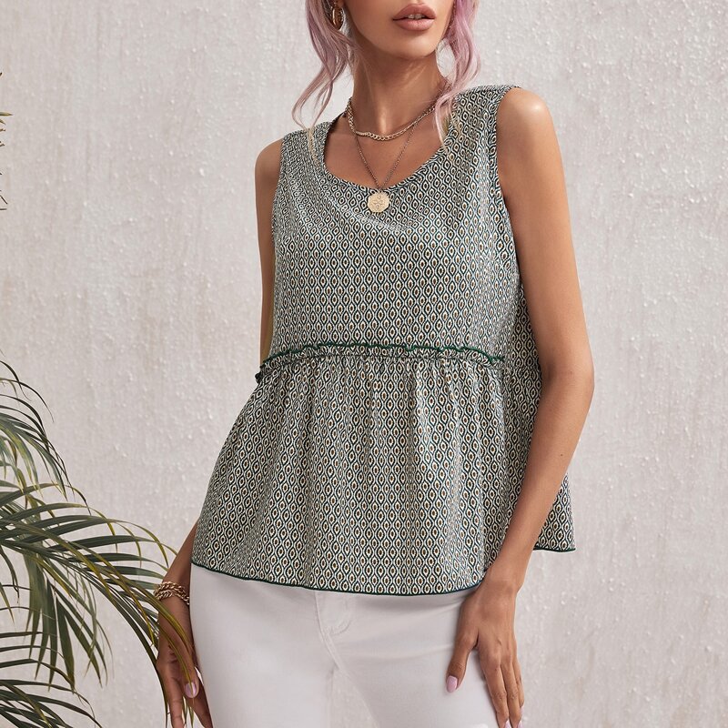 

Frill Trim Allover Print Tank Top, Multicolor