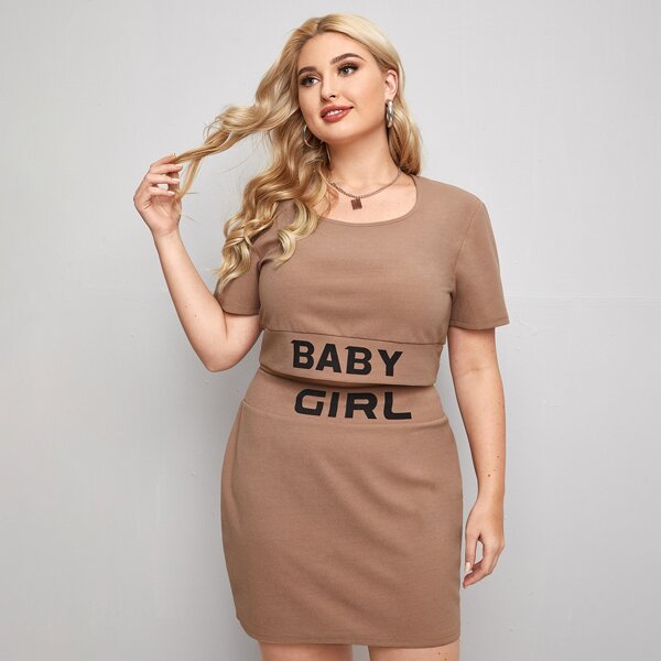 

Plus Letter Graphic Tee With Skirt, Mocha brown