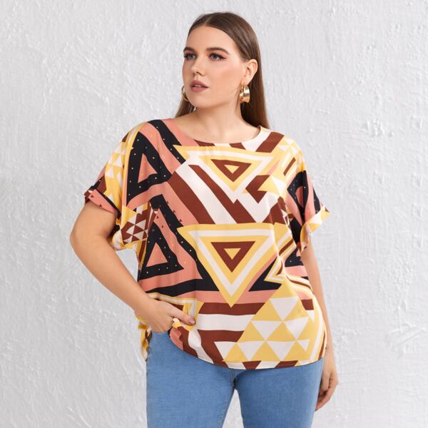 

Plus Geo Print Roll Up Sleeve Top, Multicolor