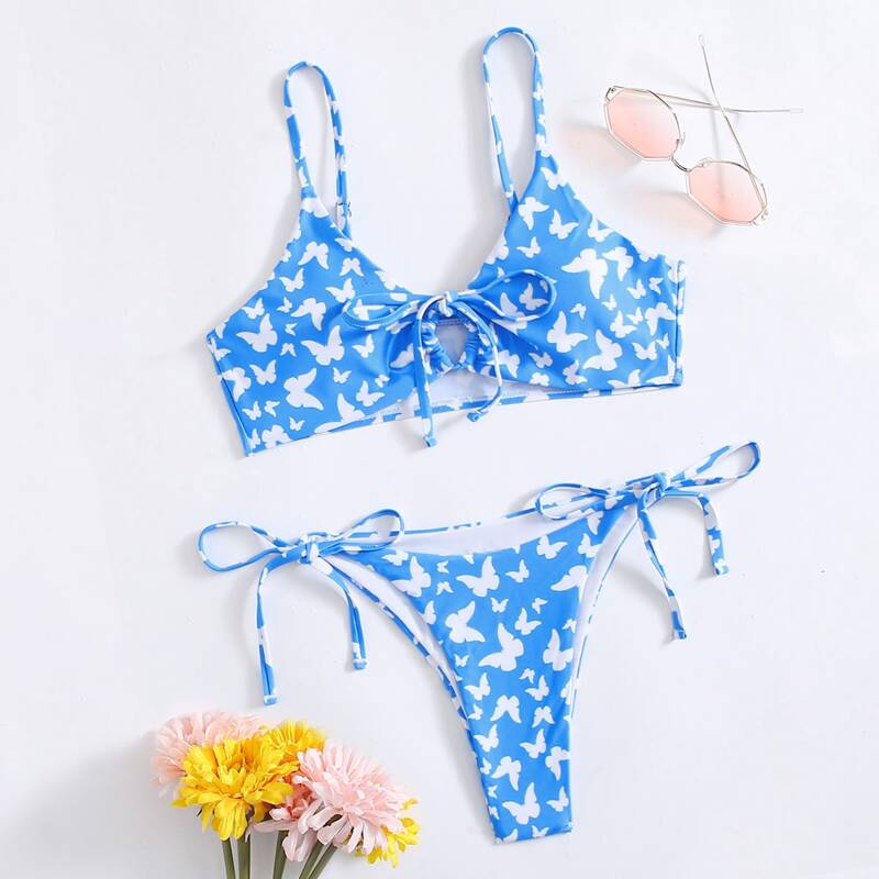 

Butterfly Print Cut Out Tie Side Bikini Swimsuit, Blue and white
