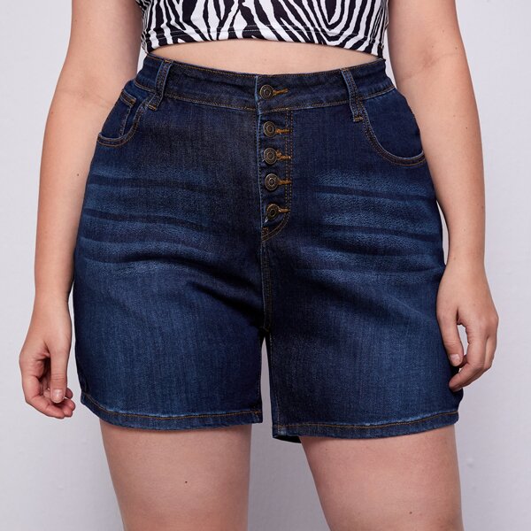 

Plus Button Fly Denim Shorts, Dark wash
