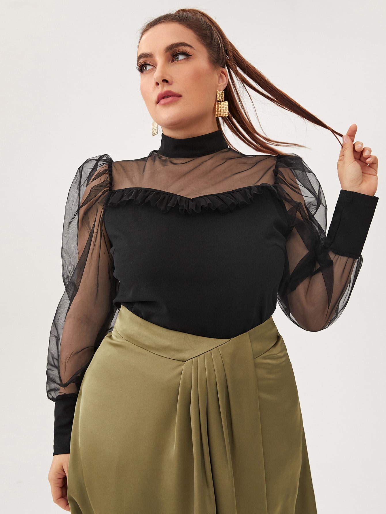 Plus Frilled Sheer Mesh Yoke & Sleeve Top thumbnail