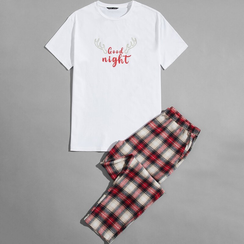 

Guys Slogan Graphic Top & Tartan Pants PJ Set, Multicolor