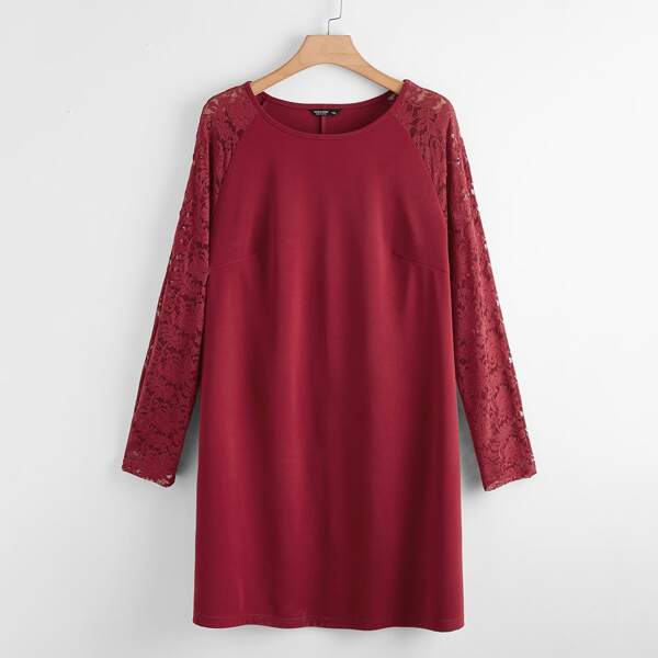 

Plus Contrast Lace Raglan Sleeve Tee Dress, Burgundy