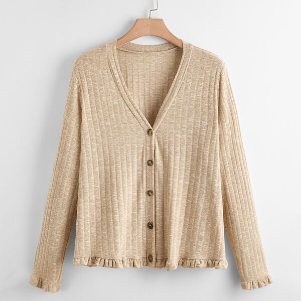 

Plus Solid Ruffle Trim Button Through Jacket, Khaki