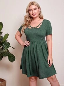 SHEIN LUNE Vestido con tira cruzada delantera tejido jaspeado - Verde Oscuro - Ver 1
