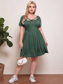 SHEIN LUNE Vestido con tira cruzada delantera tejido jaspeado - Verde Oscuro - Ver 3