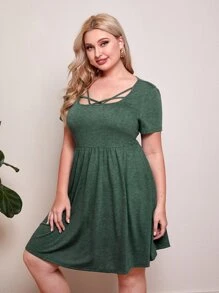 SHEIN LUNE Vestido con tira cruzada delantera tejido jaspeado - Verde Oscuro - Ver 4