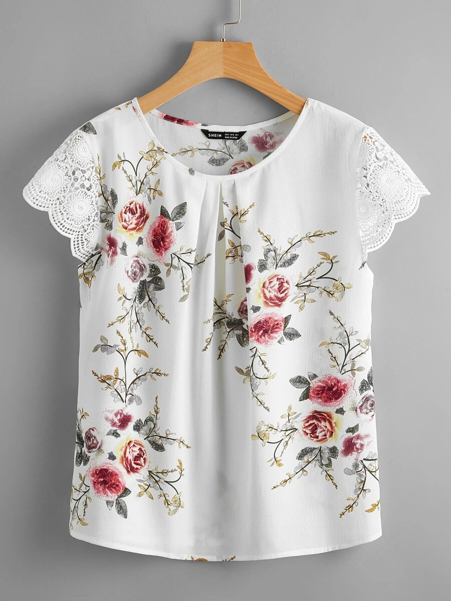 SHEIN Clasi Guipure Lace Sleeve Fold Pleated Front Top - White - View 1