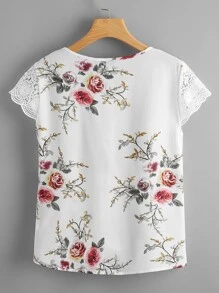 SHEIN Clasi Guipure Lace Sleeve Fold Pleated Front Top - White - View 2