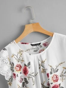 SHEIN Clasi Guipure Lace Sleeve Fold Pleated Front Top - White - View 3