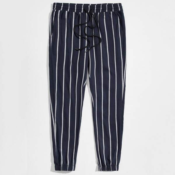 

Men Drawstring Waist Striped Pants, Navy blue