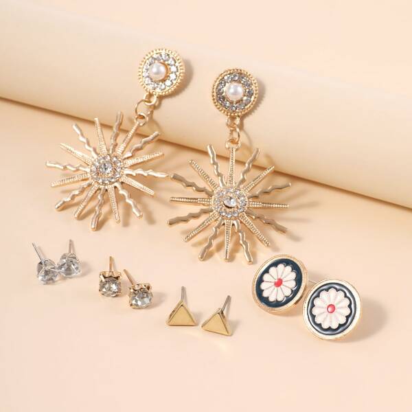 

5pairs Metal Flower Drop Earrings, Gold