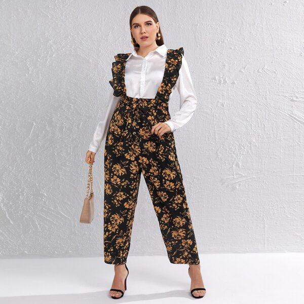 

Plus Floral Print Belted Ruffle Straps Suspender Jumpsuit, Multicolor